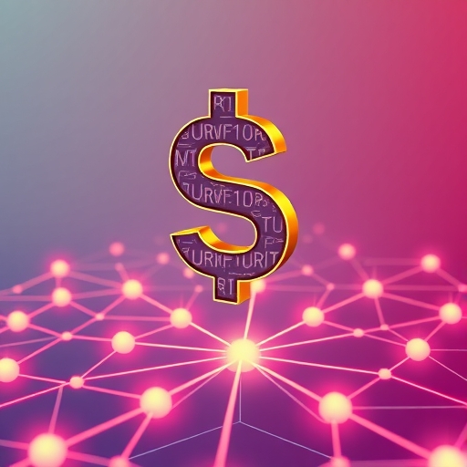 黃金美元符號帶有電路圖案浮在區塊鏈網絡上，象徵合成美元 USDe 的創新概念