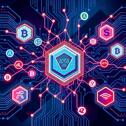 Sui 物件中心模型的抽象幾何圖像,展示代幣與 NFT 連結中央處理單元