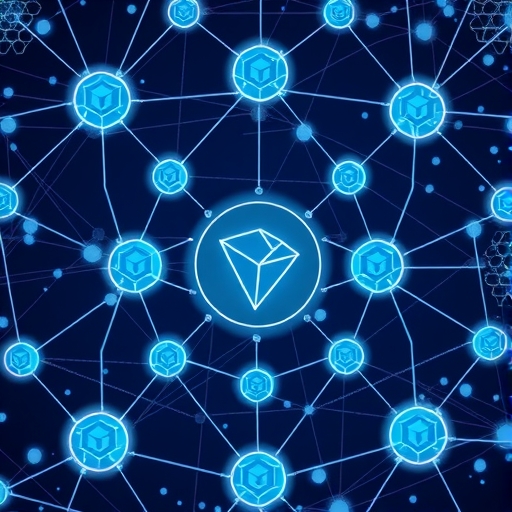 TRON 去中心化區塊鏈網路俯視圖,展示節點連接與數位資產資訊流動