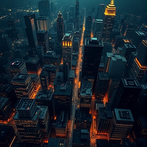 數位城市景觀俯視圖，部分交易所建築閃耀而其他則黯淡，代表加密市場的風險分化