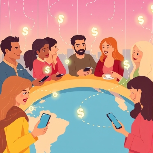 多元文化人們使用手機輕鬆跨境匯款的迷人插圖，連接大陸的發光數位流