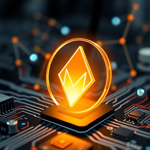 閃耀門羅幣圖標從電腦處理器浮現的近距離插圖，背景有節點網路象徵挖礦安全