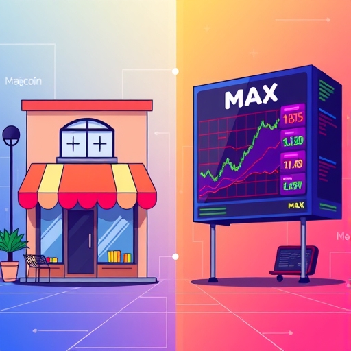 MaiCoin 與 MAX 交易所的對比圖像，簡單便利商店對比複雜交易中心，突顯台灣加密貨幣平台差異