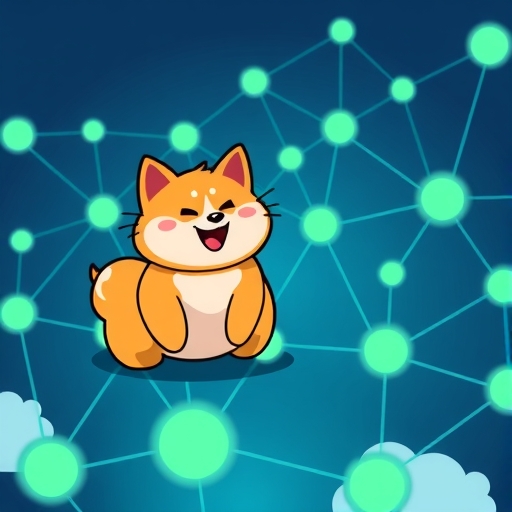 狗狗幣區塊鏈網路圖像,展示合併挖礦與快速出塊的運作原理