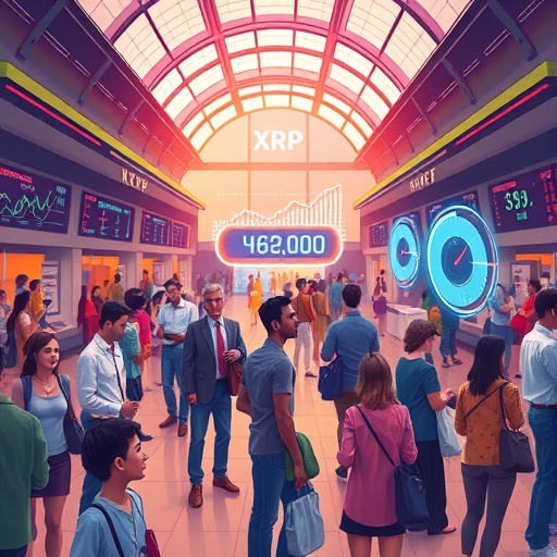 XRP 繁忙金融中心圖示，展示快速交易與全球匯款的活力場景