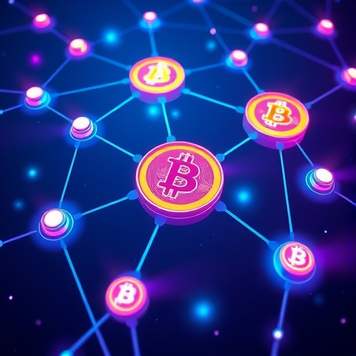 去中心化數位貨幣網路的插圖，展示互聯節點與閃耀比特幣符號的未來風格