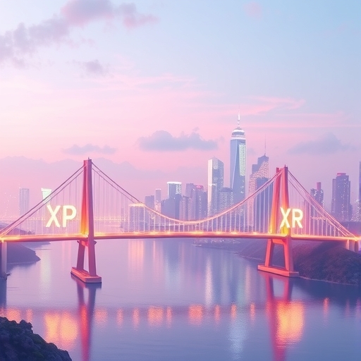 XRP 數位橋樑連接全球金融體系的圖示，展示跨境支付的快速流暢過程