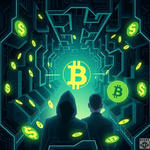 DeFi 詐騙數位迷宮插圖，陰影人物潛伏在發光加密貨幣符號周圍象徵區塊鏈詐騙風險