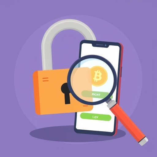 數位鎖與放大鏡仔細檢查假冒虛擬貨幣交易所App的安全辨識插圖，手機螢幕顯示擔憂表情