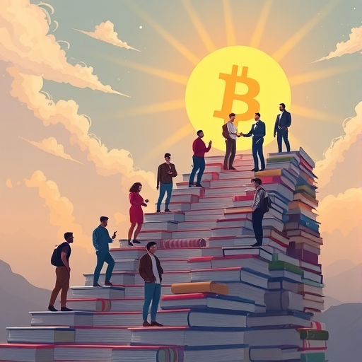 多元讀者爬上書籍階梯通往比特幣太陽，象徵透過虛擬貨幣書籍逐步成長與理解區塊鏈基礎
