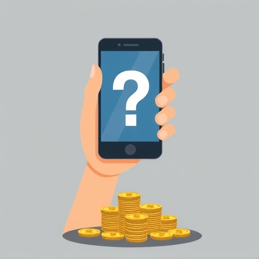 手機挖礦不確定性圖:手持智慧型手機上方問號底部陰影幣堆象徵潛在損失與高風險