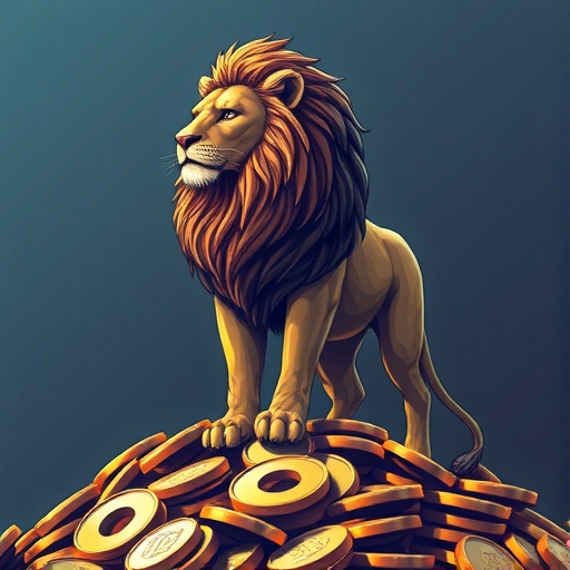 雄偉獅子站在數位金幣堆上,象徵 UNUS SED LEO 幣品質勝於數量的獨特概念