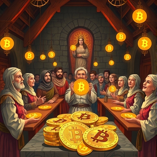 中世紀市場轉換為數位比特幣交易的插圖，強調從傳統金幣到閃耀數位財富的過渡