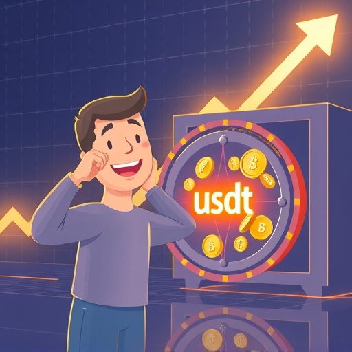 投資者開心存入 USDT 定存的數位金庫圖示，背景顯示上漲走勢圖，象徵穩定幣理財的繁榮與安全