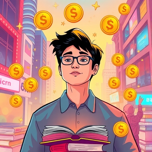 一位讀者被浮動虛擬貨幣符號與書籍環繞，象徵透過虛擬貨幣書籍獲取系統化知識