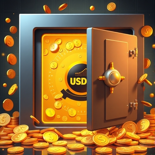 安全的數位金庫充滿金色美元幣,USDC 標誌閃耀其上,象徵 USDC 穩定幣的可靠儲備與安全性
