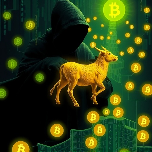 虛擬貨幣詐騙集團陰影人物操縱加密貨幣符號的詐騙陷阱圖像