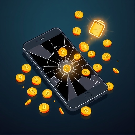 手機挖礦運作示意圖:智慧型手機發出發光數位幣象徵挖礦但伴隨螢幕裂痕與低電量警示代表潛在損害與低價值