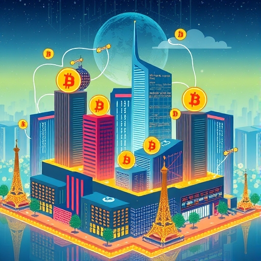 基於區塊鏈的活力數位城市插圖，充滿比特幣圖標代表金融創新與全球連結