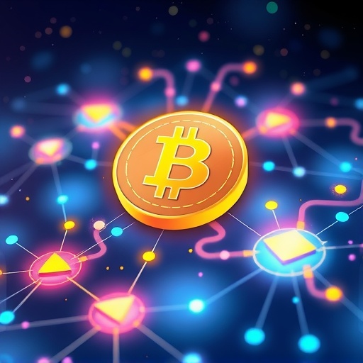 OKB 作為中心發光代幣連接交易平台與 Layer 2 網路的活力數位貨幣生態系統插圖，展現未來感能量軌跡與藍金色調