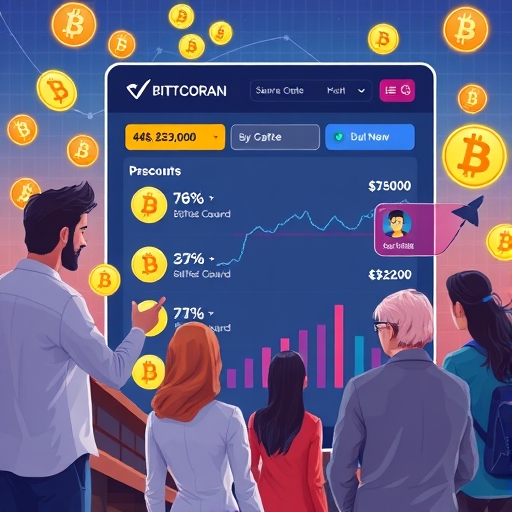 多元人群與加密貨幣交易所介面互動,展示 LEO 幣手續費折扣與平台優惠的發光圖示