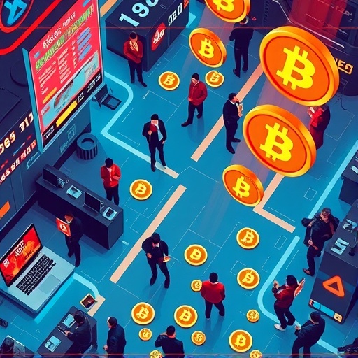 繁忙數位交易場俯視插圖，強調 OKB 代幣的高速高量交易與橙藍色調，象徵 OKX 生態活力