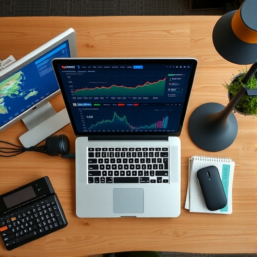 桌面俯視圖顯示運行 XMRig 軟體的筆電連接門羅幣礦池，伴隨加密貨幣成長圖表