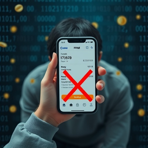 虛擬貨幣詐騙受害者手持手機無法提現資金的焦慮圖像