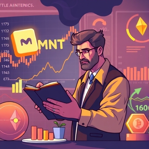 加密貨幣交易者分析 MNT 與 ETH 圖表風格插圖，象徵 Mantle 代幣經濟學與投資機會