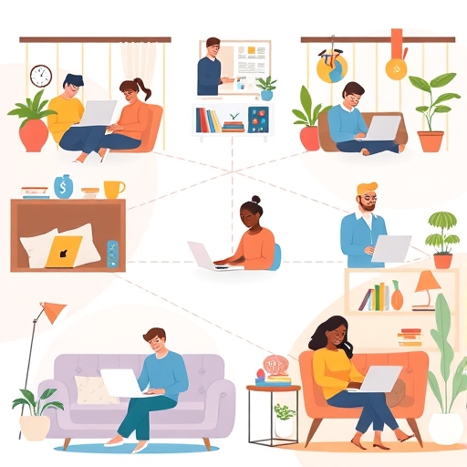 多元團隊遠端在家用筆電開心工作的插圖，連接發光線條代表幣安全遠端工作模式與彈性福利