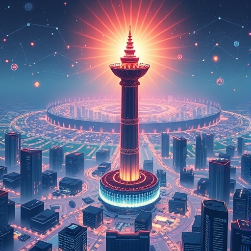 Kaia 區塊鏈作為強大支柱支持互聯城市與廣大數位生態系統的風格化插圖,強調創新技術與用戶採用