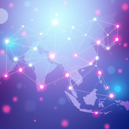 未來區塊鏈網絡樞紐連接亞洲的生動插圖,象徵數據流動與互聯性,展示 Kaia Layer 1 公鏈的創新生態