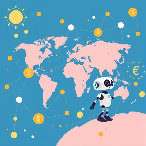 Stellar 全球金融網路的生動插圖，展示即時低成本交易的互聯節點與貨幣符號