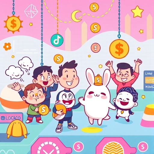 多元卡通角色在 LINE 和 Kakao 應用中無縫互動去中心化應用的奇幻插圖,展示 Kaia 區塊鏈的用戶友好生態