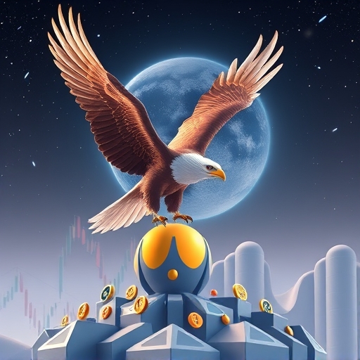 翱翔老鷹俯瞰 Solana 生態系統，象徵 Jupiter 的主導地位與成長潛力，背景融入加密貨幣圖表與 JUP 代幣