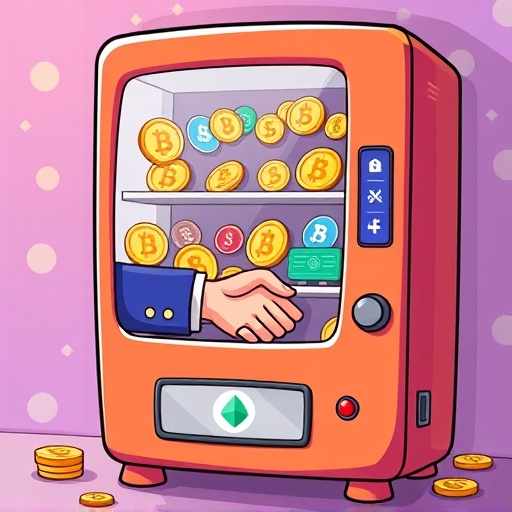 卡通自動販賣機吐出數位貨幣與NFT的智能合約示意圖，透過握手圖示觸發協議，展現區塊鏈自動執行概念