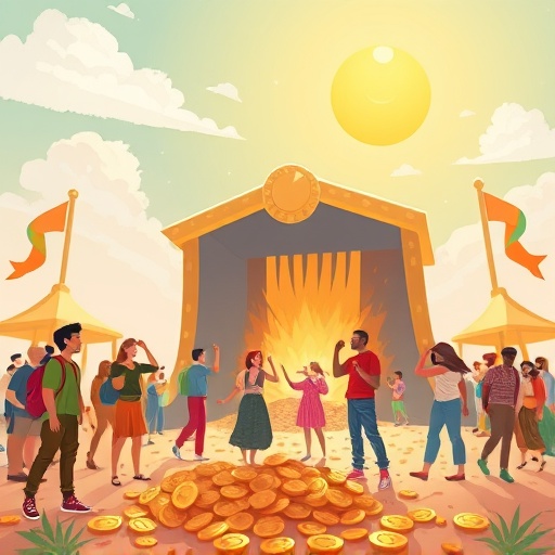 Kaspa 公平啟動概念的溫馨插圖，社群礦工快樂挖礦場景