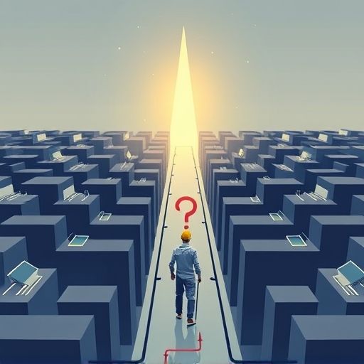 決心人士穿越數位迷宮通往SEO成功燈塔的插圖，象徵語意分析策略規劃