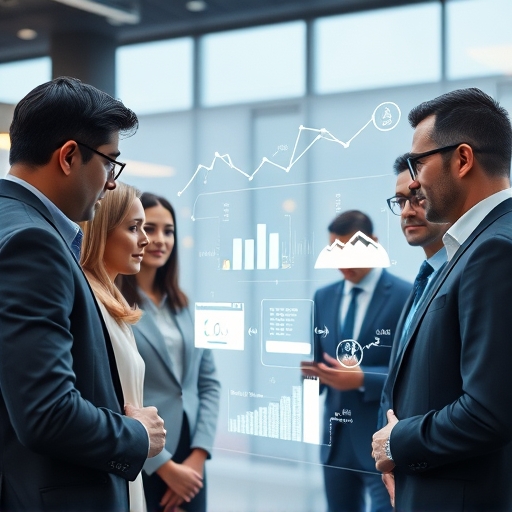 企業專業人士檢視全息供應鏈投影的唯鏈區塊鏈應用插圖，展現現代數據流動與供應鏈管理