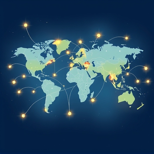 唯鏈供應鏈全球地圖互聯節點插圖，強調透明可追溯的發光線條與供應鏈管理