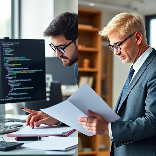 程式設計師審計智能合約程式碼與傳統律師審閱文件的分裂圖像，象徵智能合約與傳統合約的演進比較