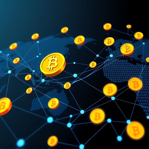 World Liberty Financial USD (USD1) 穩定幣跨多區塊鏈流動的風格化圖像，象徵全球高效交易能力