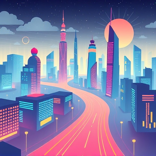 未來城市由抽象創意作品構築的風格化數位插圖，發光路徑連接象徵區塊鏈驅動的去中心化創作者經濟