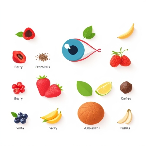 蝦紅素智利酒果等護眼複方成分扁平設計插圖，葉黃素推薦隱藏成分