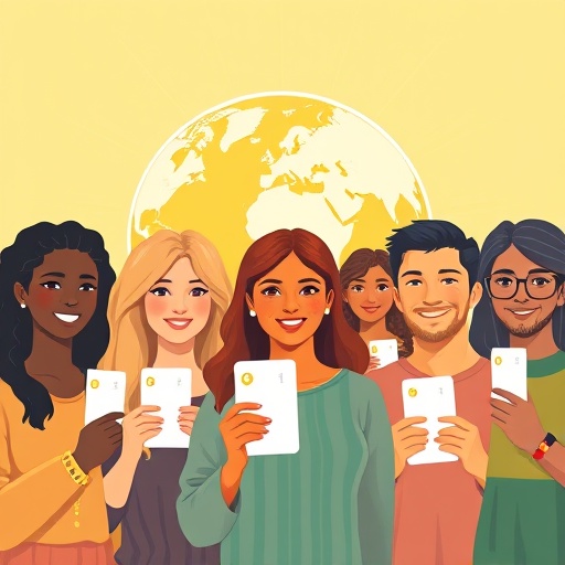 多元族群手持 Worldcoin 數位身份卡與 Orb 設備背景，代表全球普惠金融與 World ID 應用