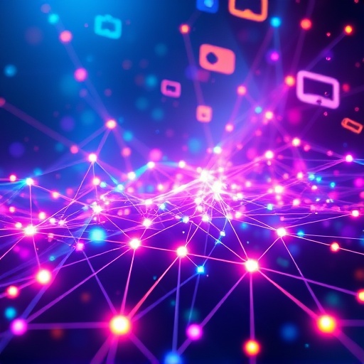 區塊鏈網路連接創意資產如書籍音樂藝術的生動數位插圖，發光線條象徵可編程知識產權與自動收益分配