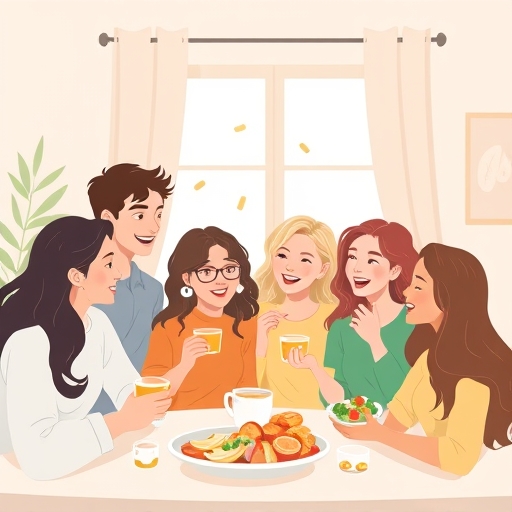 多元族群在溫馨環境中搭配食物享用益生菌補充品的插圖，柔和燈光營造舒適氛圍