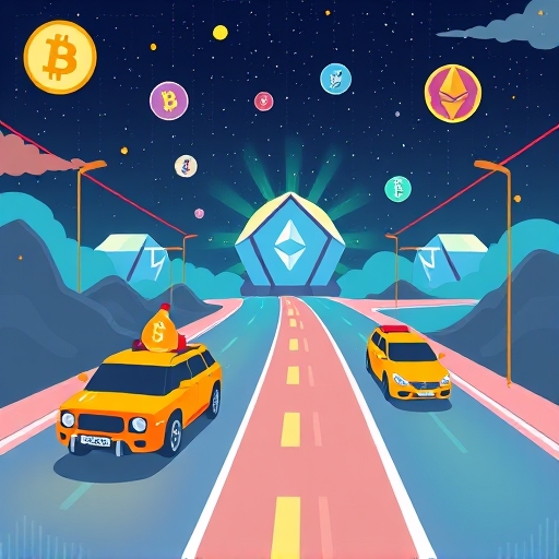 Cosmos 區塊鏈生態趣味插圖，比特幣以太坊等圖示如車輛在未來高速公路上奔向模組化中心樞紐，展現活力能量流動