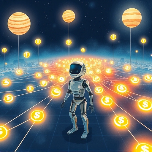 智慧機器人引導用戶穿越發光的金融路徑網絡，象徵 Jupiter 的智能路由技術在 Solana 生態中的導航作用