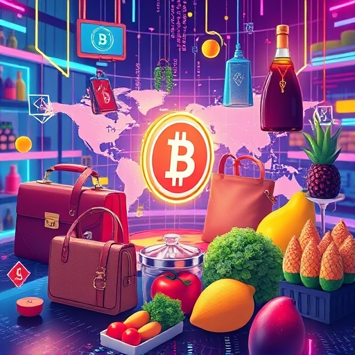 唯鏈區塊鏈安全未來網路連接名牌包與有機食品等真實世界產品的插圖，展現高科技透明供應鏈